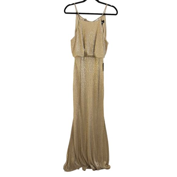 NWT Lulu’s Sleeveless Long Gold Sheer Maxi Dress Gown Size L - Picture 1 of 5